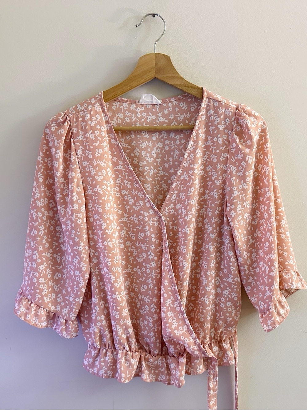 Pink Floral Faux Wrap Blouse with Tie Waist Romantic Fairy Whimsical Boho